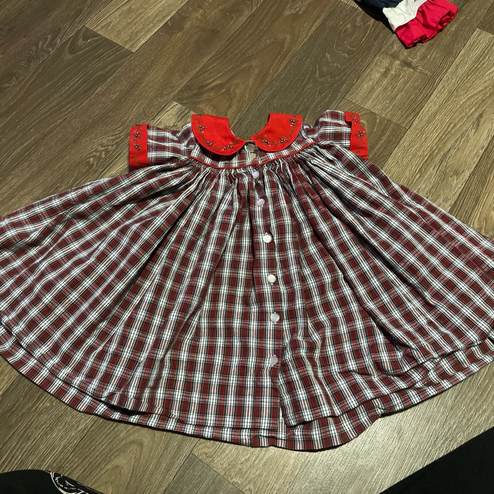 Strasburg Red and White Plaid Dress with Floral Embroidery - Picture 2 of 6